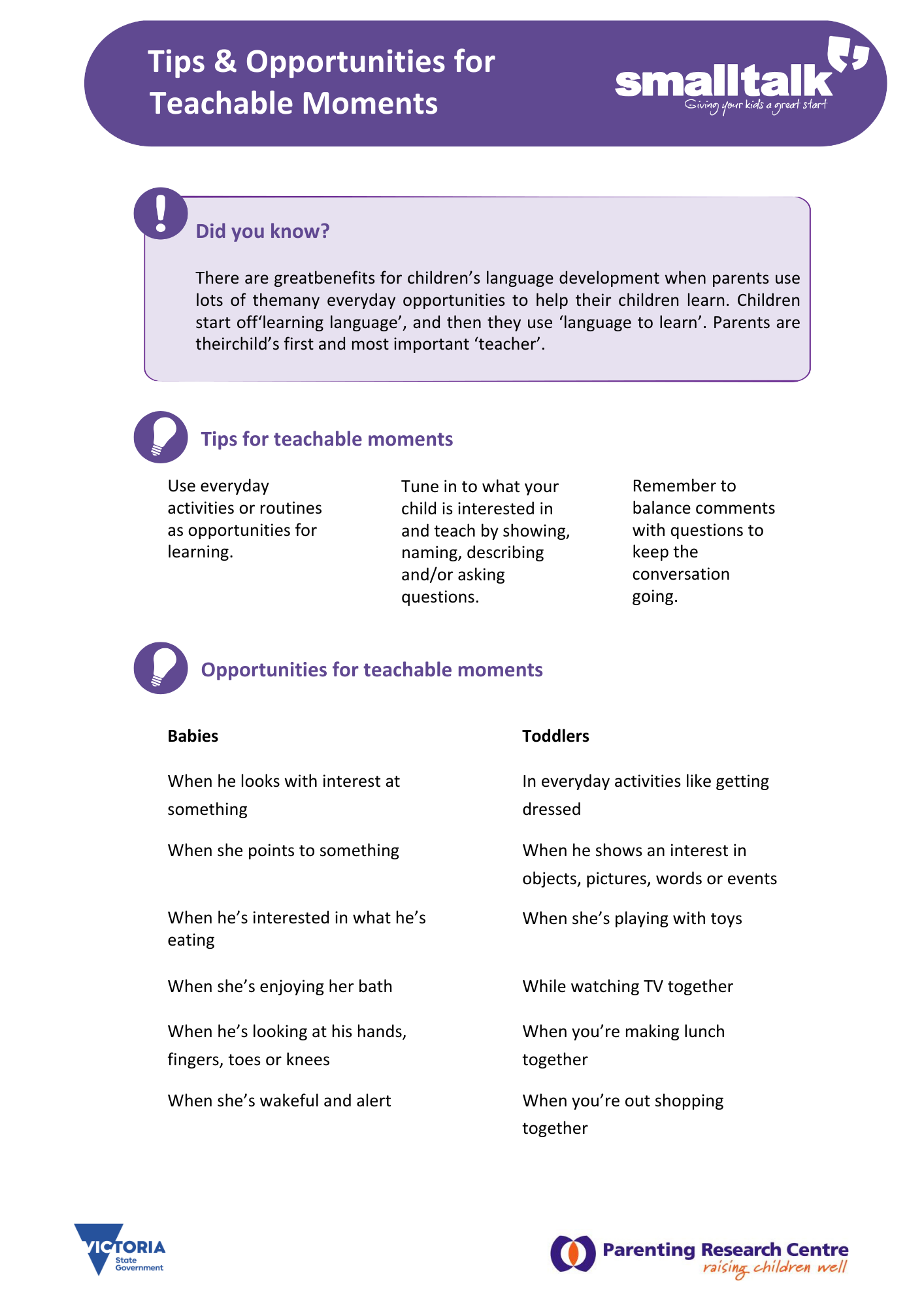 Teachable Moments – smalltalk Opportunity Sheet